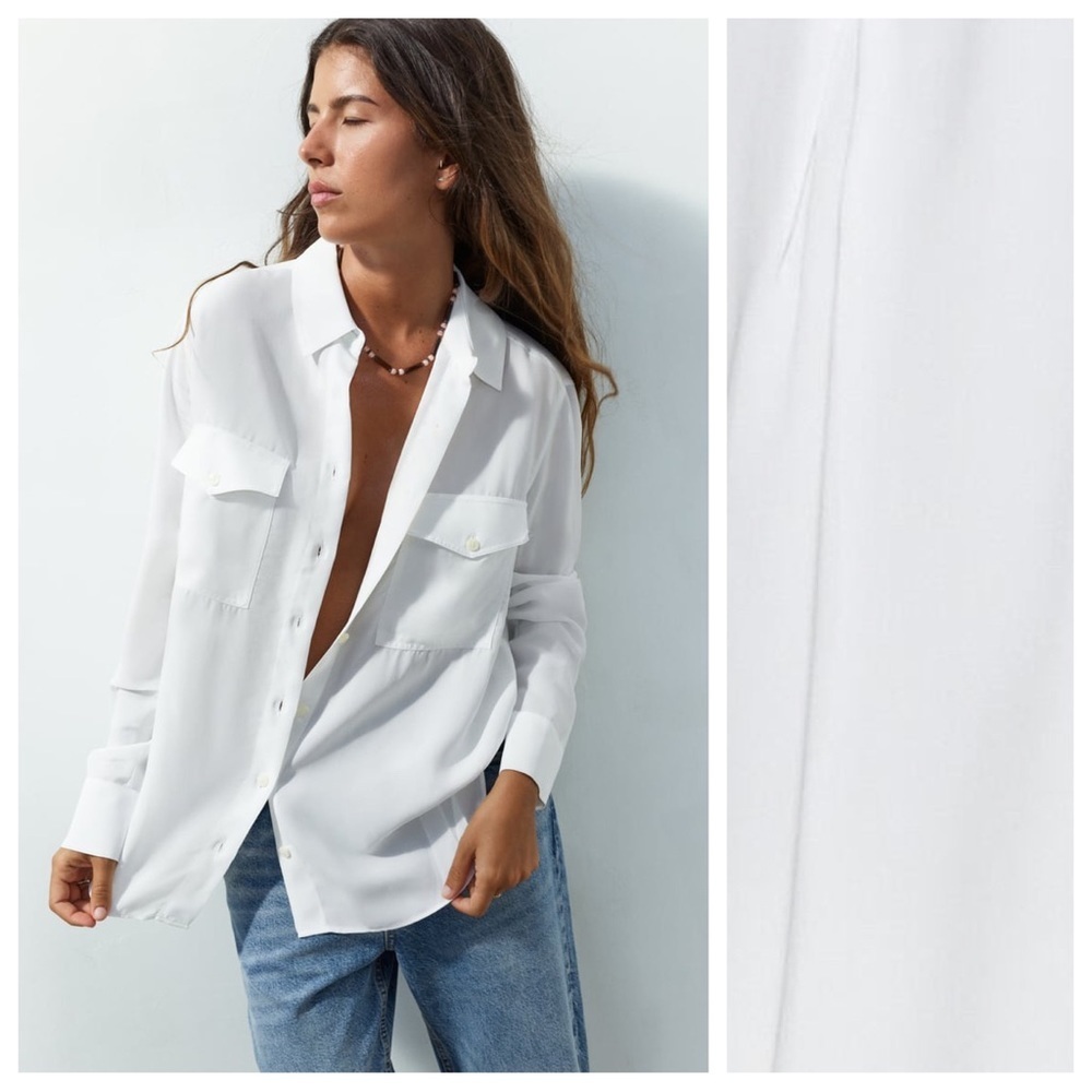 NWT. Zara White Flowy Shirt with Pockets. Size XS. - Picture 5 of 12